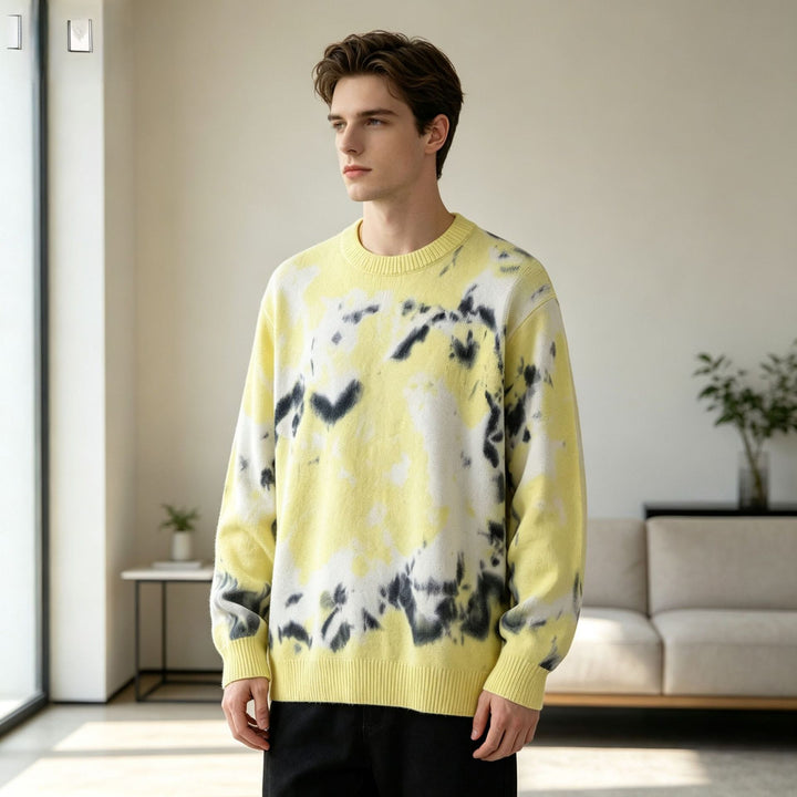 Herren Oversized Batik-Pullover mit Rundhalsausschnitt und Rippbündchen Drune