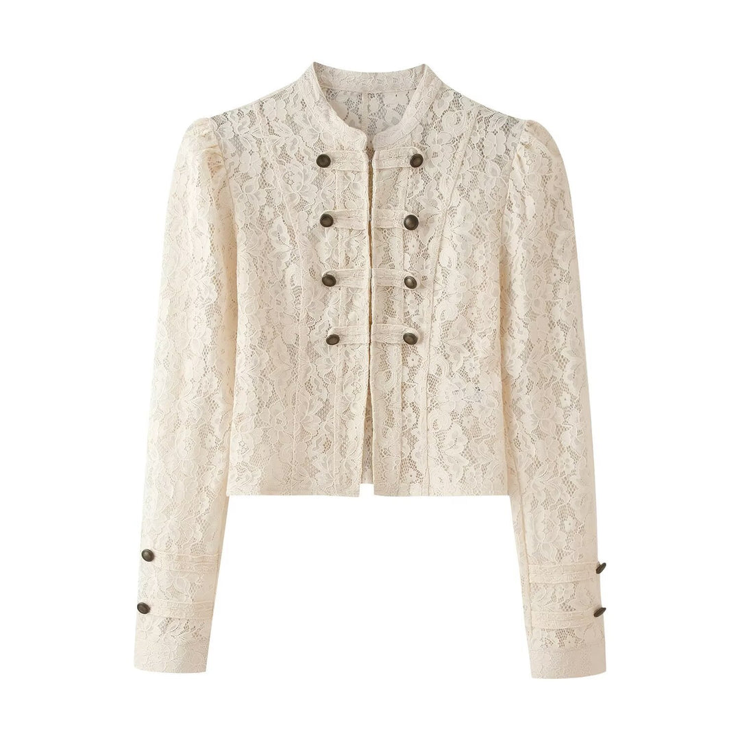 Damen Cropped Spitzenblazer mit Stehkragen, Zier‑Froschverschlüssen und Puffärmeln Drune