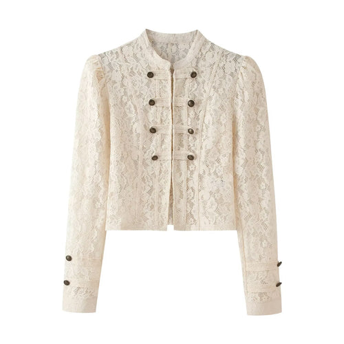 Damen Cropped Spitzenblazer mit Stehkragen, Zier‑Froschverschlüssen und Puffärmeln Drune