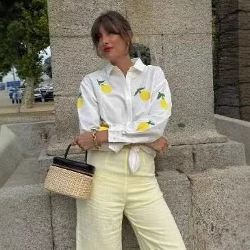 Damen Bluse mit fröhlichem Zitronen-Muster Drune
