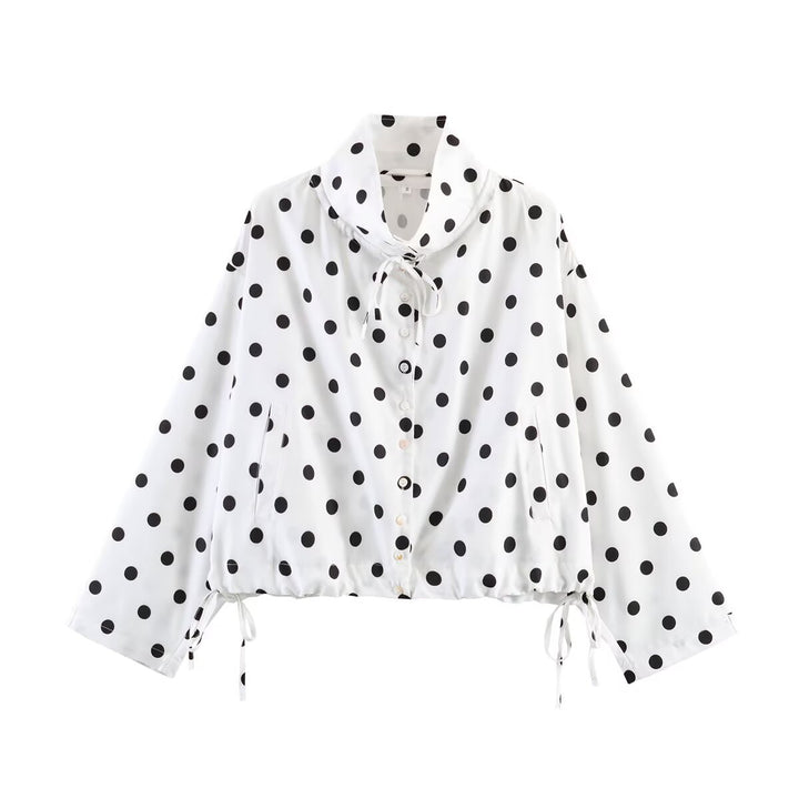 Damen Gepunktete Cropped Bluse‑Jacke mit hohem Tunnelzugkragen und Kordelbund Drune