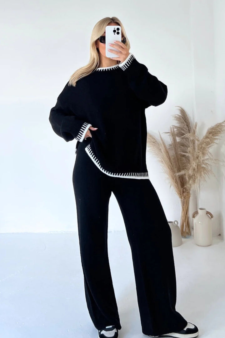 Damen nan lässiger Strick-Hausanzug mit Oversize-Pullover und weiter Strickhose Drune
