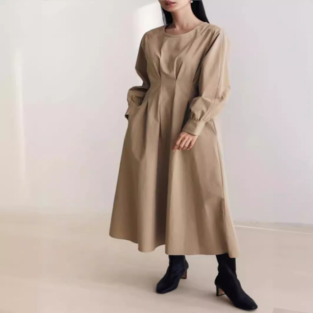 Damen Maxikleid mit Taillenabnähern, Rundhalsausschnitt und voluminösen Manschetten Drune