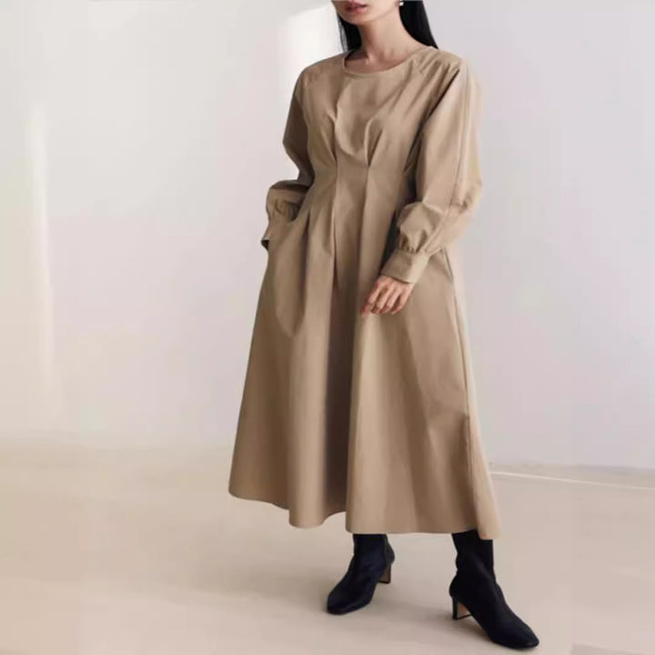 Damen Maxikleid mit Taillenabnähern, Rundhalsausschnitt und voluminösen Manschetten Drune