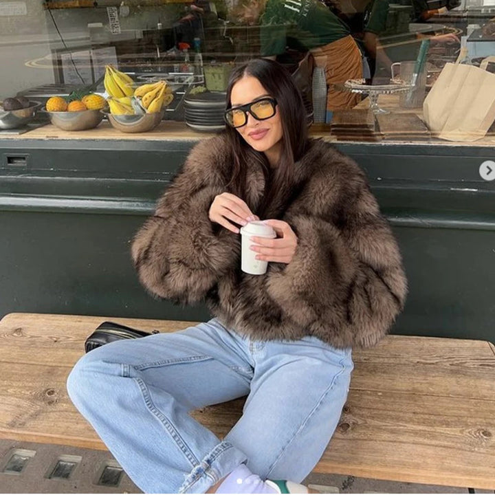 Damen Pelzjacke mit langen, weichen Ärmeln Drune