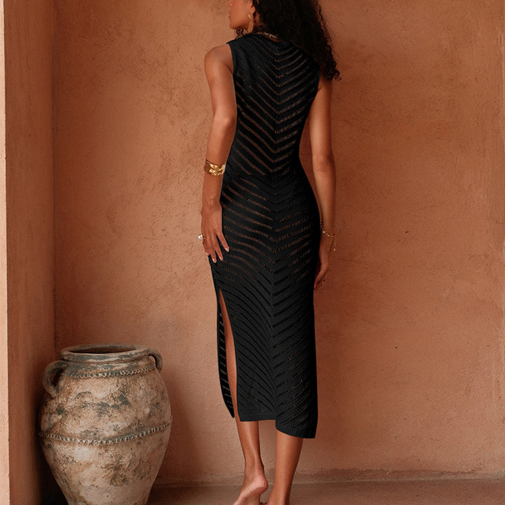 Damen Elegantes Strick-Maxikleid mit asymmetrischem Saum und seitlichem Schlitz Drune
