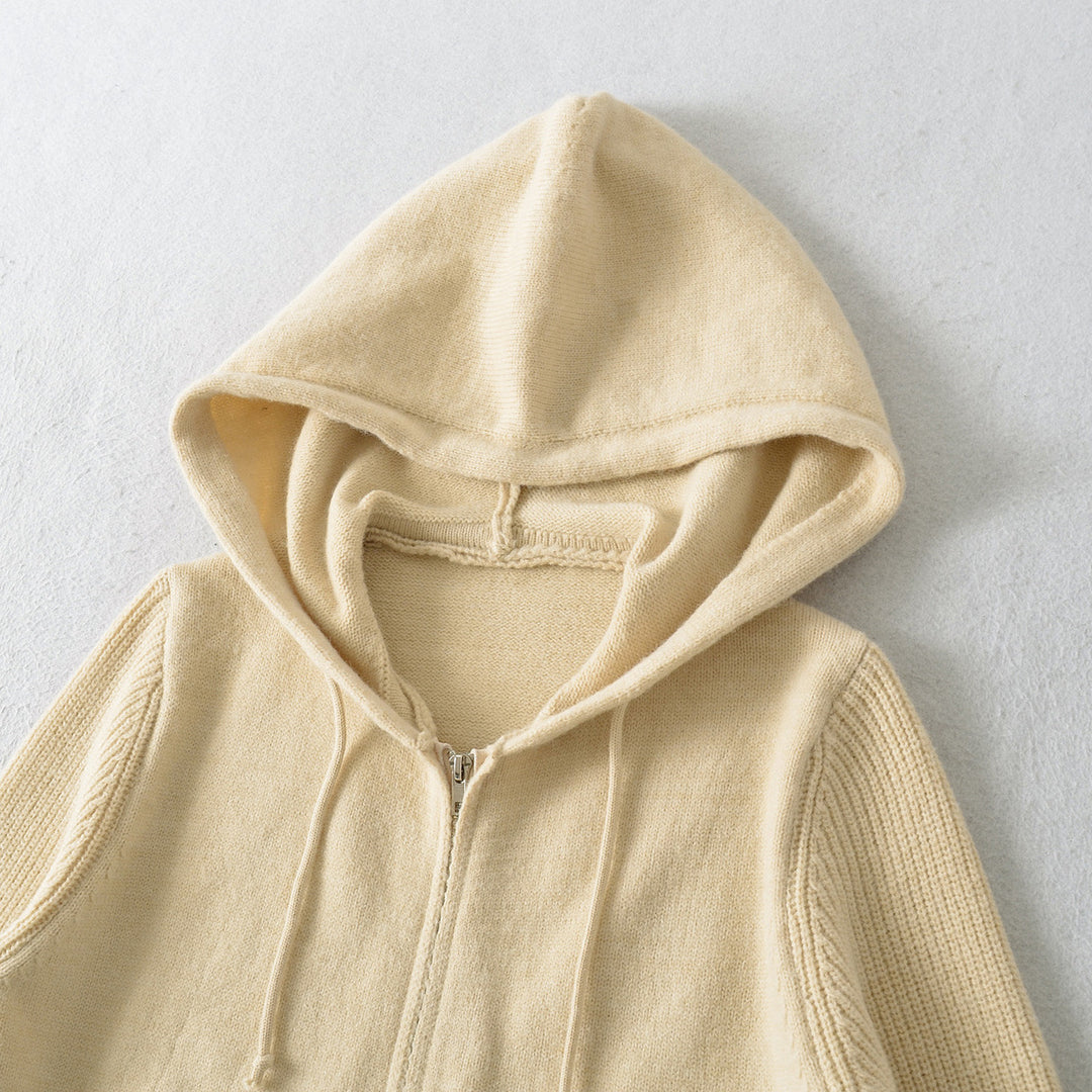 Damen Kurze Kapuzen-Strickjacke mit Reißverschluss und tailliertem Rippenbund Drune