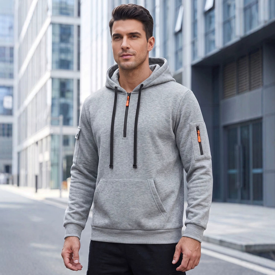 Herren Kapuzenpullover mit halbem Reißverschluss und Utility-Ärmeltasche Drune