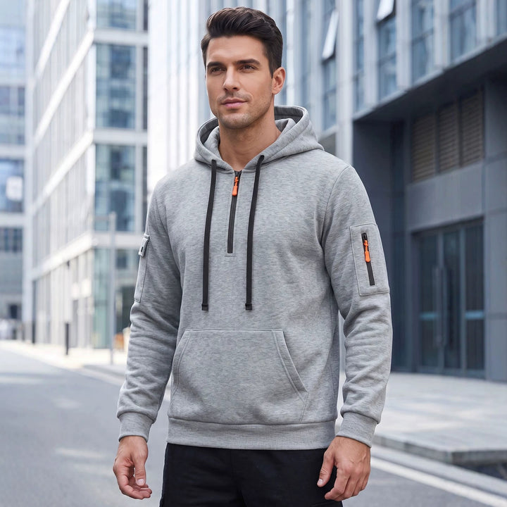 Herren Kapuzenpullover mit halbem Reißverschluss und Utility-Ärmeltasche Drune