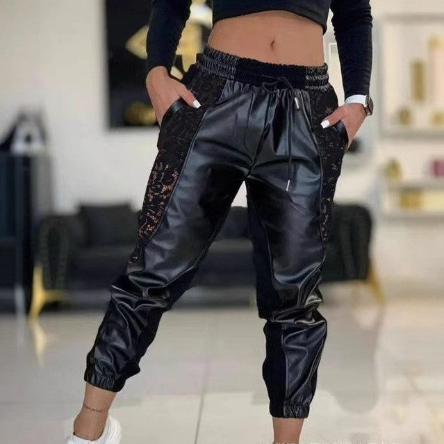 Damen Leder-Look Jogginghose mit Spitzen-Einsätzen Drune