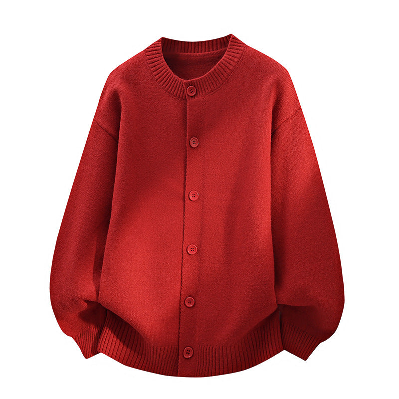 Unisex Oversize Strickcardigan mit Rundhalsausschnitt, Ballonärmeln & durchgehender Knopfleiste Drune