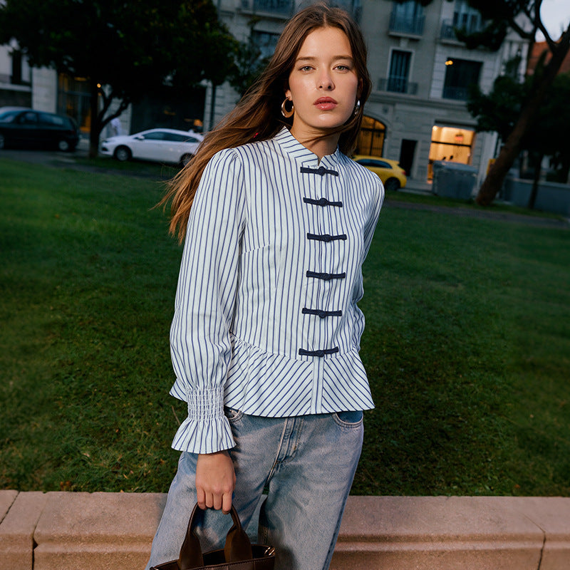 Damen Modische Bluse mit Rüschendetails und Knopfverschluss Drune