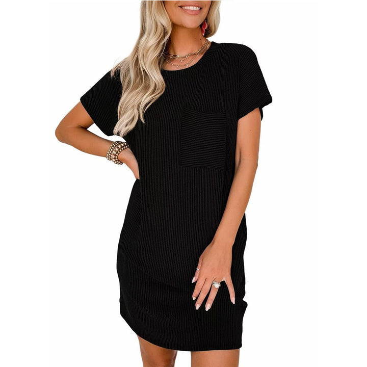 Damen lässiges Kurzarm-Kleid mit gestreiftem Design und praktischer Tasche Drune