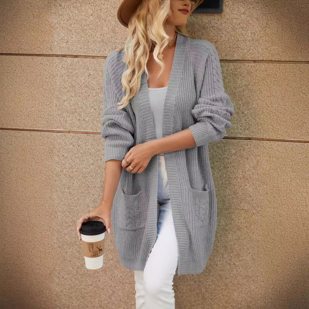 Damen lässiger Strickcardigan mit Zopfmuster und praktischen Taschen Drune