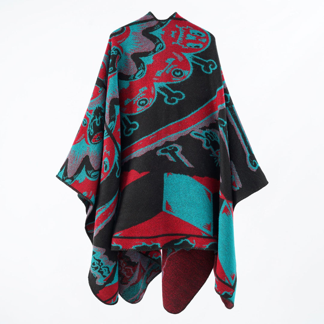 Damen Jacquard-Überwurfponcho mit musikalischem Ornament und Rollkante Drune