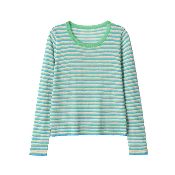 Damen Gestreiftes Feinstrick-Longsleeve mit Rundhalsausschnitt und Cropped-Boxy-Schnitt Drune
