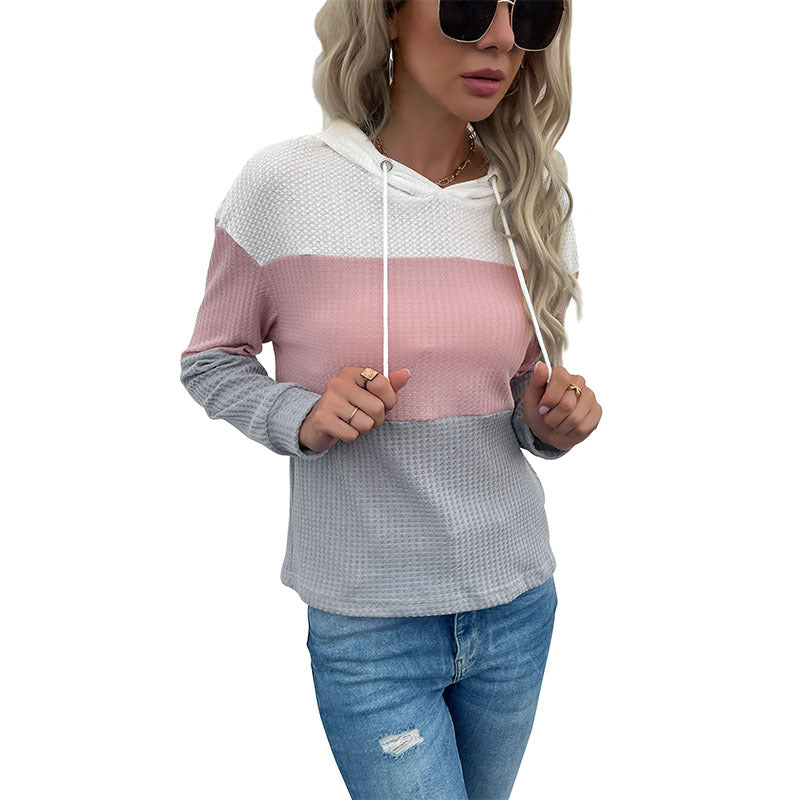 Damen Strukturierter Waffelstrick-Kapuzenpullover mit Colorblock, Tunnelzug und lässiger Passform Drune