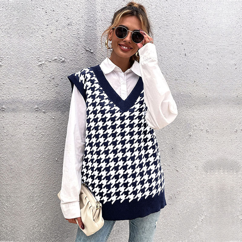 Damen Oversize Strickweste mit Hahnentritt‑Muster und tiefem V‑Ausschnitt Drune