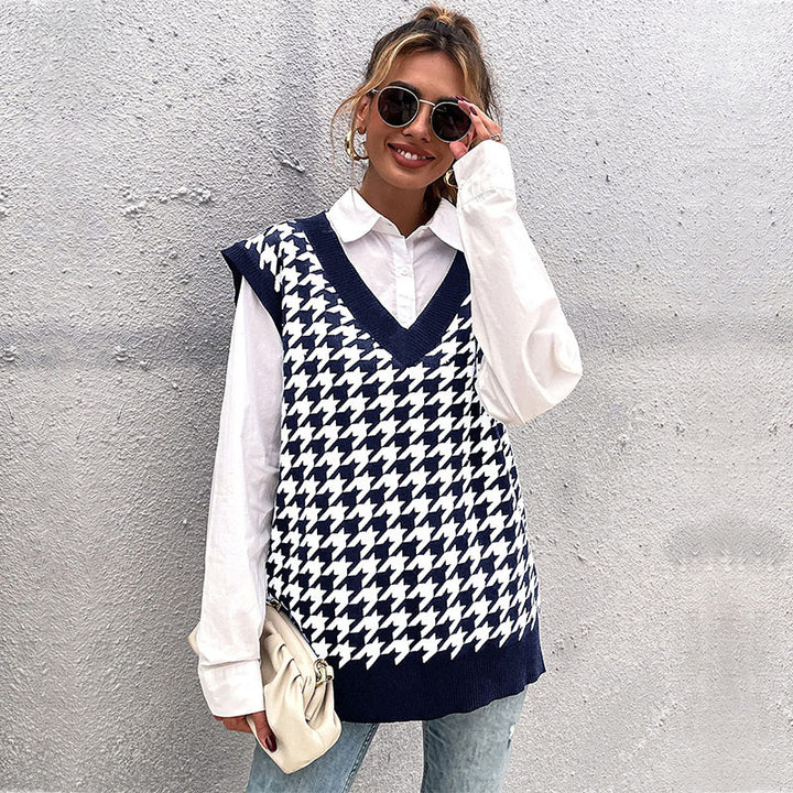 Damen Oversize Strickweste mit Hahnentritt‑Muster und tiefem V‑Ausschnitt Drune