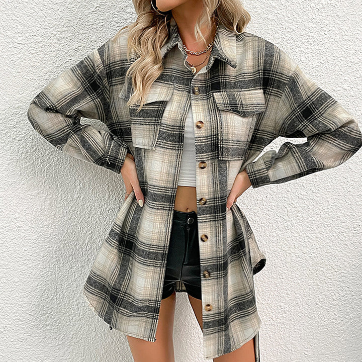 Damen Overshirt-Kleid mit Karomuster, Bindegürtel und aufgesetzten Brusttaschen Drune