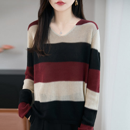 Damen Leichter V-Ausschnitt Feinstrickpullover mit breiten Blockstreifen und entspannter Passform Drune