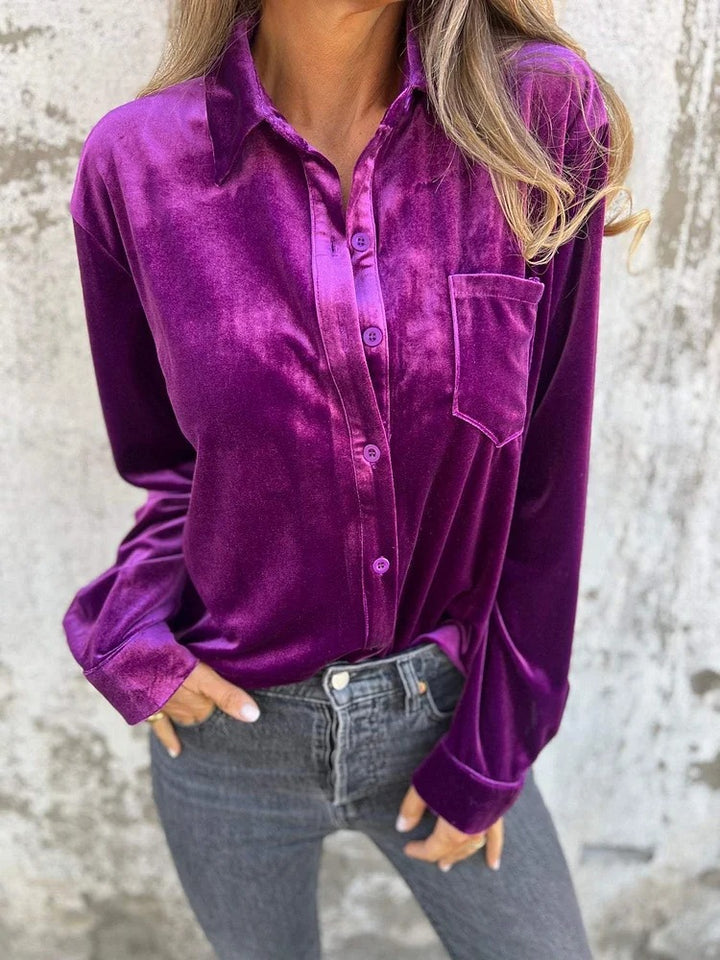 Damen Elegante Samtbluse mit klassischem Hemdkragen und langen Ärmeln Drune