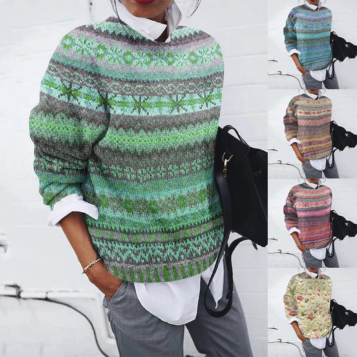 Damen lockerer Fair Isle Strickpullover mit Rundhalsausschnitt