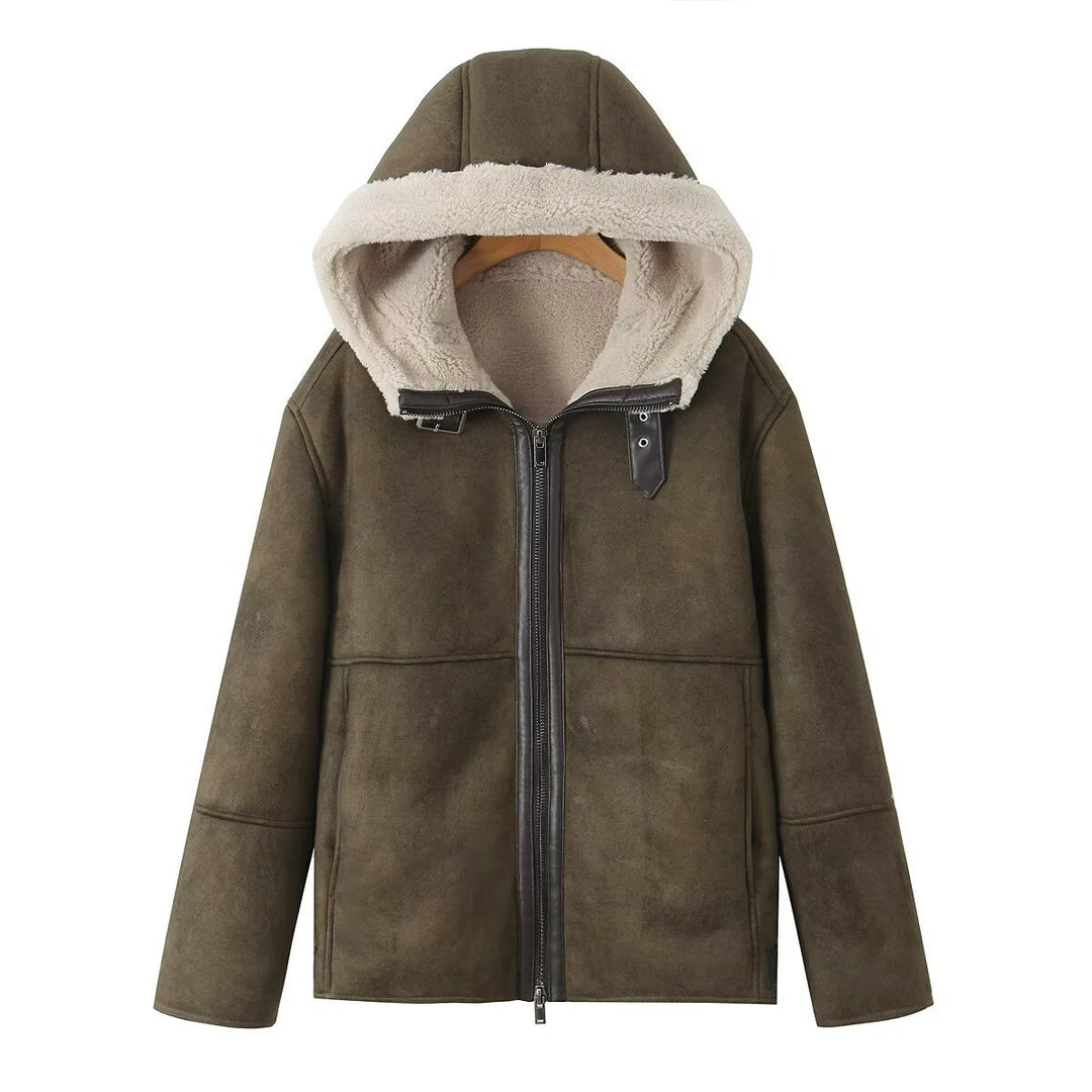 Damen Kapuzen-Lammfellimitat-Bomberjacke mit Teddyfutter und Reißverschluss Drune