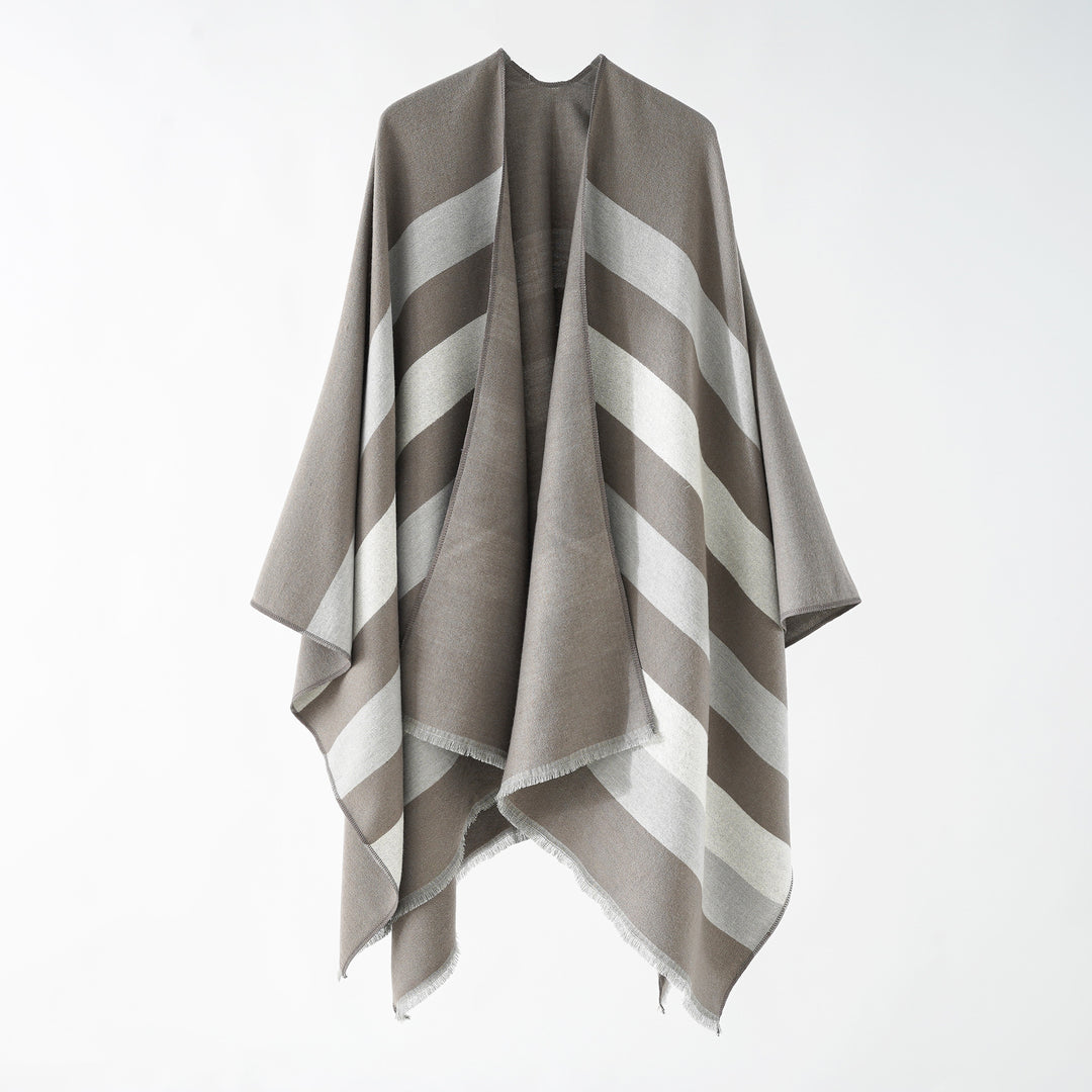 Damen Feiner Wollmix‑Capeüberwurf mit diagonaler Streifenstruktur und Fransensaum Drune