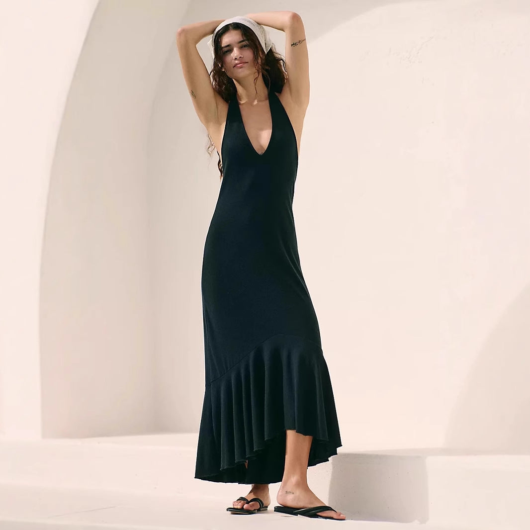 Damen elegantes Maxikleid mit tiefem V-Ausschnitt und schwingendem Saum Drune