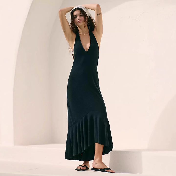 Damen elegantes Maxikleid mit tiefem V-Ausschnitt und schwingendem Saum Drune