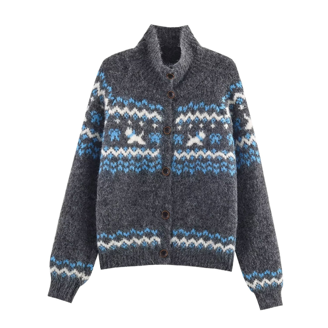 Damen Strickjacke mit Norwegermuster und hohem Kragen Drune