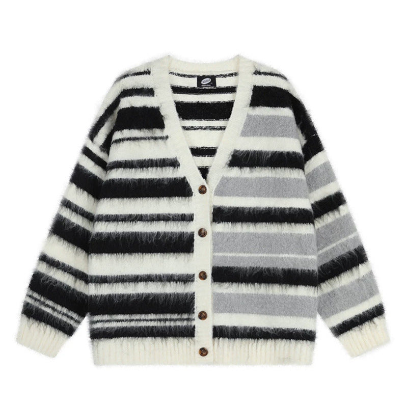 Damen Oversize-Strickjacke mit V‑Ausschnitt, kuscheliger Mohair‑Optik und gestreiftem Muster Drune