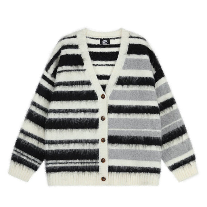 Damen Oversize-Strickjacke mit V‑Ausschnitt, kuscheliger Mohair‑Optik und gestreiftem Muster Drune