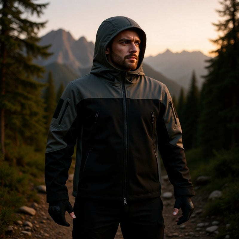 Herren Softshell-Outdoorjacke mit taktischer Ärmeltasche, verstellbarer Kapuze und wasserabweisender Membran Drune
