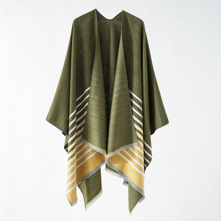 Damen Oversize-Umhangponcho im kastigen Fall mit diagonalem Streifenpanel und feinfransigem Saum Drune