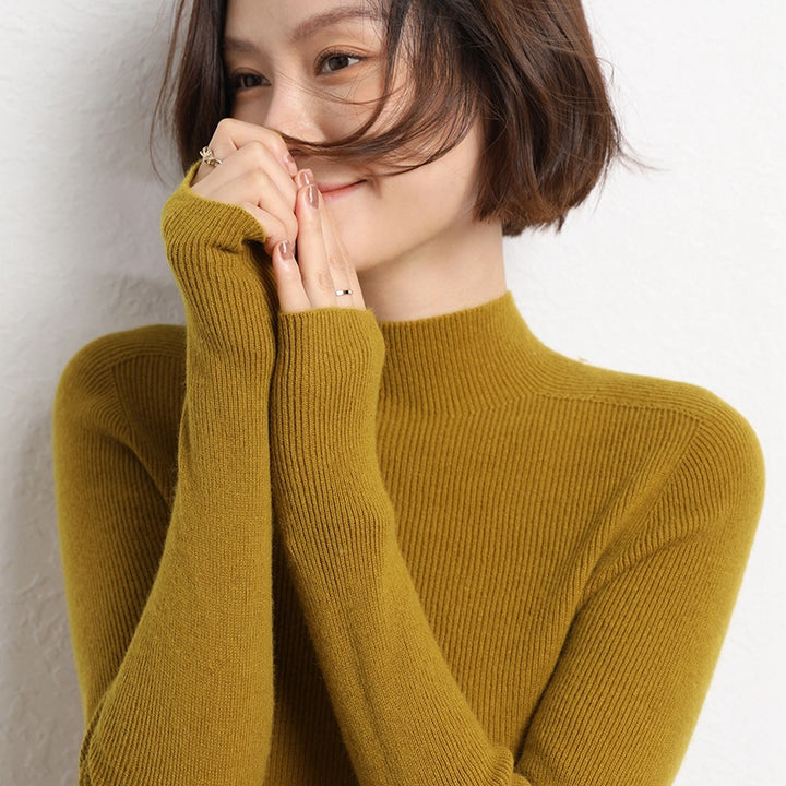 Damen Schlanker Feinstrick-Stehkragenpullover mit extrafeiner Rippenstruktur und Kaschmir‑Look Drune