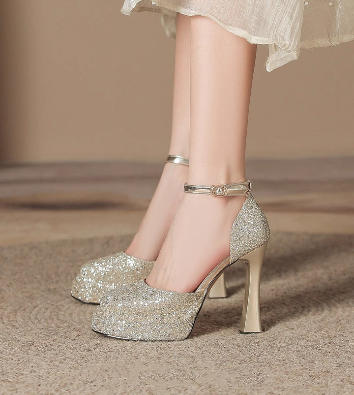 Damen Glitzernde Plateau-Pumps mit elegantem Knöchelriemen Drune