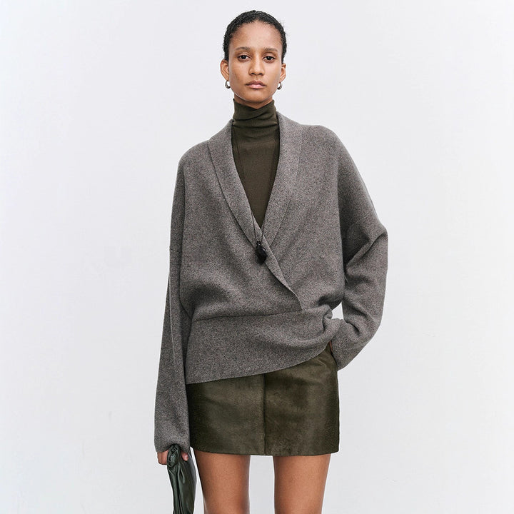 Damen Eleganter und weicher Wickelpullover aus hochwertiger Wolle Drune
