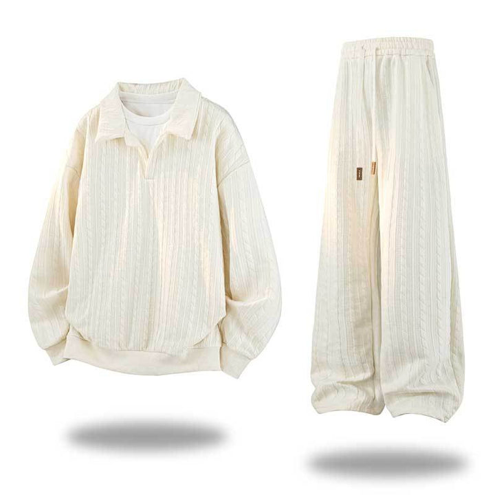 Herren Oversize Strukturiertes Lounge‑Set mit Polokragen, Zopfmuster‑Optik & weitem Bein Drune