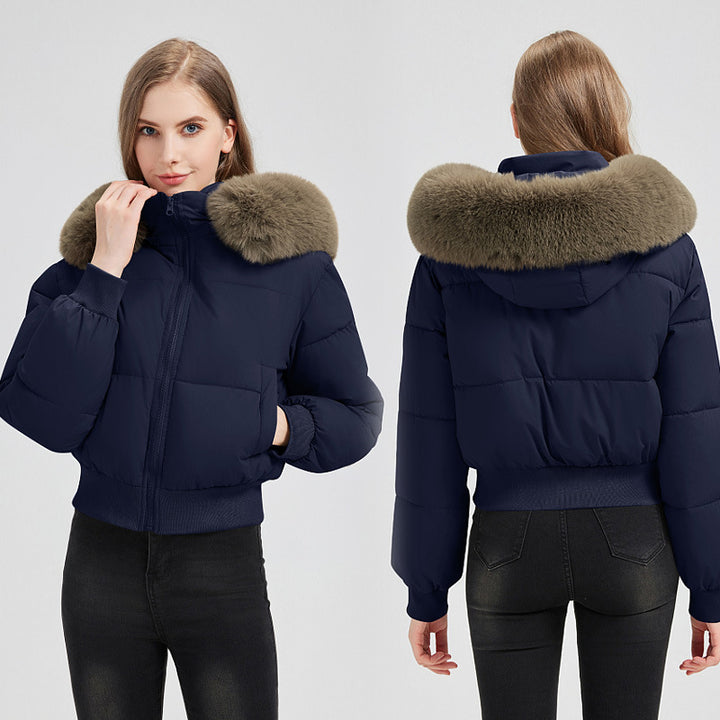Damen Kurz‑Bomber‑Pufferjacke mit Kapuze und abnehmbarem Kunstfellkragen Drune