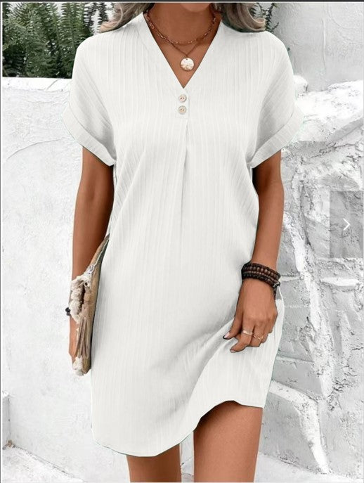 Damen Kurzarm Kleid mit Knopfleiste und feinem Längsstreifenmuster Drune