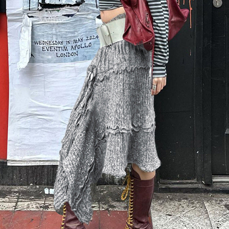 Damen asymmetrischer Strickrock mit dekorativen Fransen und elastischem Bund Drune