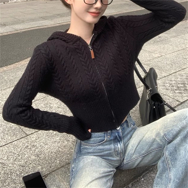Damen Kapuzenstrickjacke mit Zopfmuster und asymmetrischem Schnitt Drune