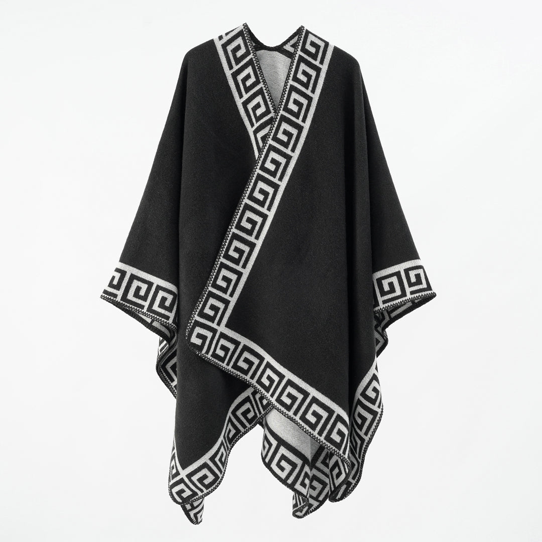 Damen Wollmix-Cape mit griechisch inspiriertem Bordürmuster und offenem Kimonofall Drune