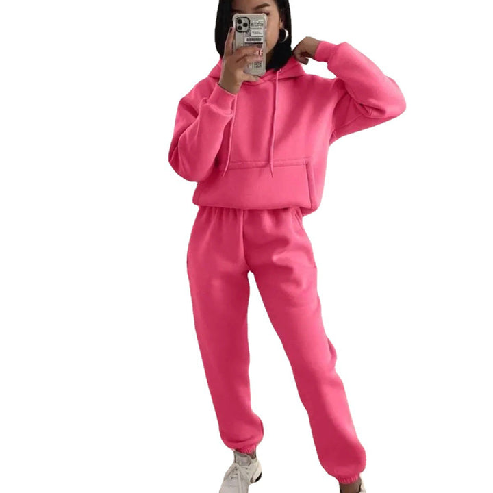 Damen lässiger Fleece-Sweatsuit mit cropped Hoodie und elastischer Hose Drune