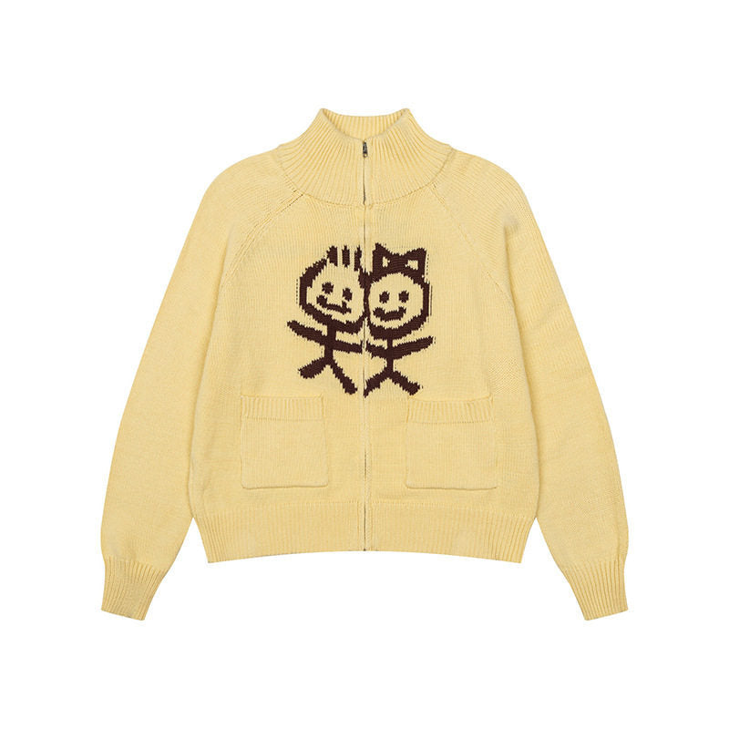 Damen Grobstrick-Zipcardigan mit Stehkragen, aufgesetzten Taschen und Cartoon-Intarsie Drune