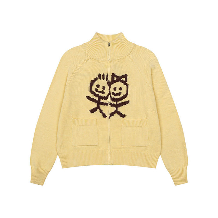 Damen Grobstrick-Zipcardigan mit Stehkragen, aufgesetzten Taschen und Cartoon-Intarsie Drune