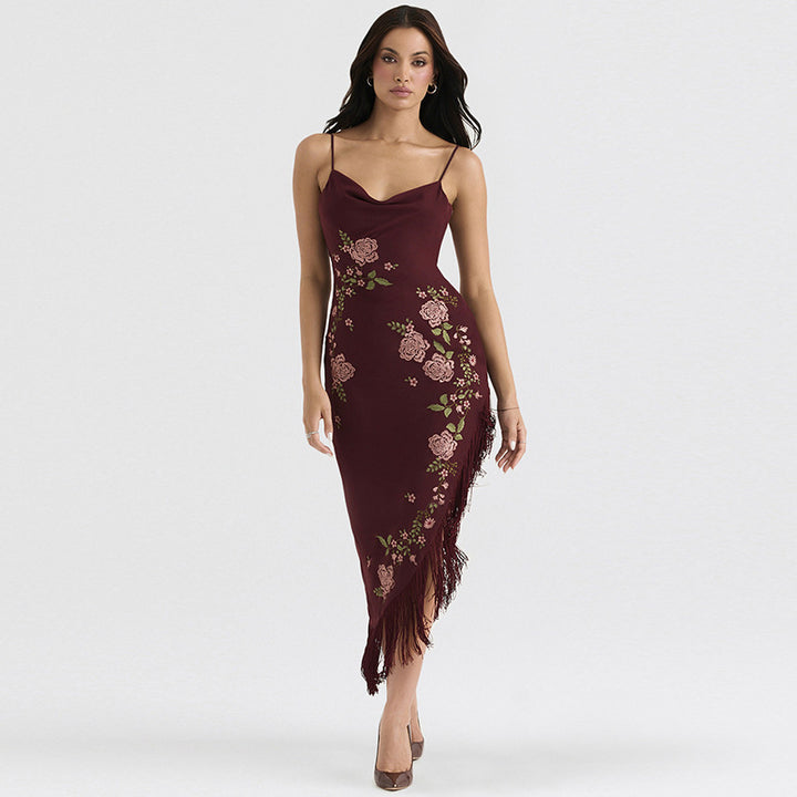 Damen elegantes Hochzeitskleid mit Blumenapplikationen und Fransen Drune