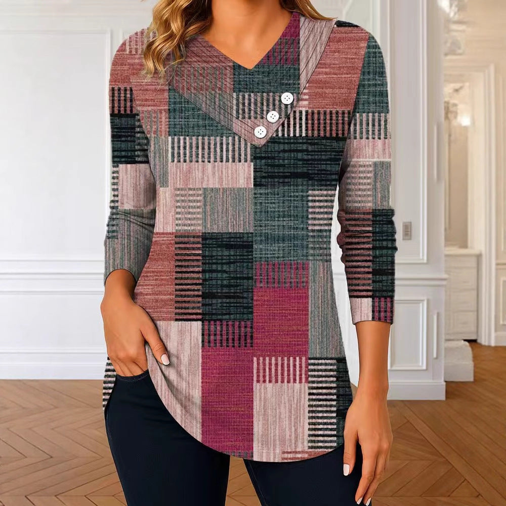 Damen Langarm-Tunika mit asymmetrischem V-Ausschnitt, Zierknopfleiste und kariertem Patchworkmuster Drune